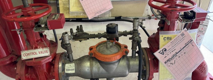 A licensed technician testing a commercial backflow preventer device at a business in Elgin, Illinois